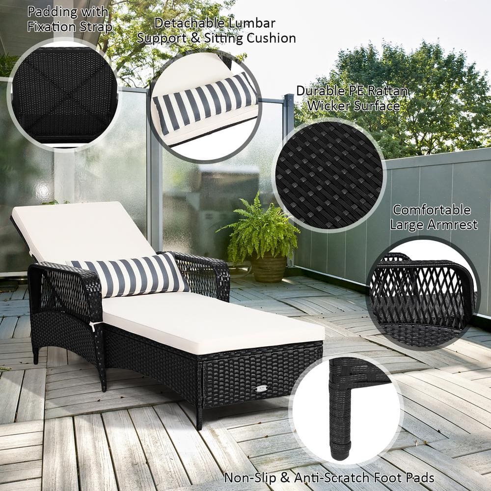 Black Steel Frame Adjustable Chaise Lounge with Off-White Cushions