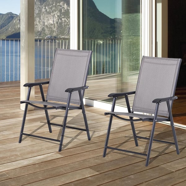 Set of 2 Metal Patio Folding Chairs, Gray Stackable Outdoor Sling Patio Dining Chairs with Armrests