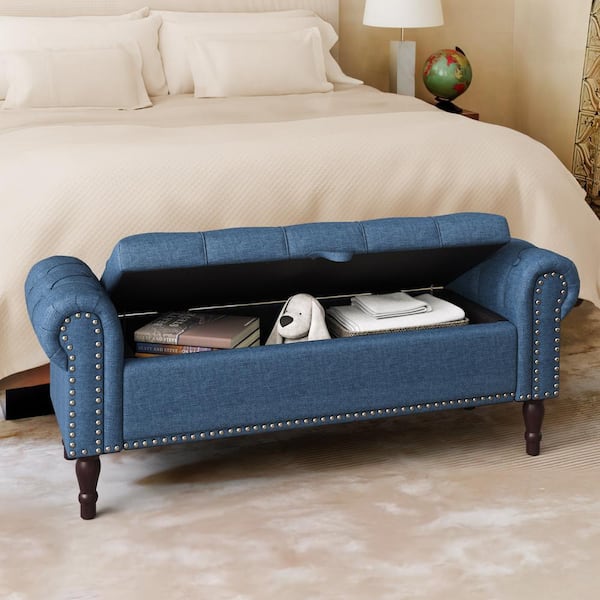 OrangeOne Cerella 50 in.Dark Blue Tufted Fabric Upholstered Storage Bedroom Bench Rolled Arm Button Tufted Storage Ottoman