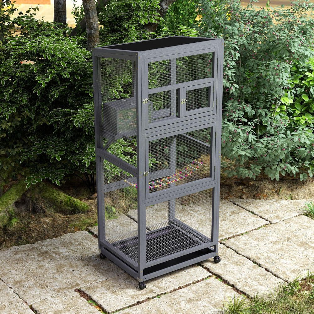 Coziwow 68" Gray Wooden Bird Cage with Perch and Wheels