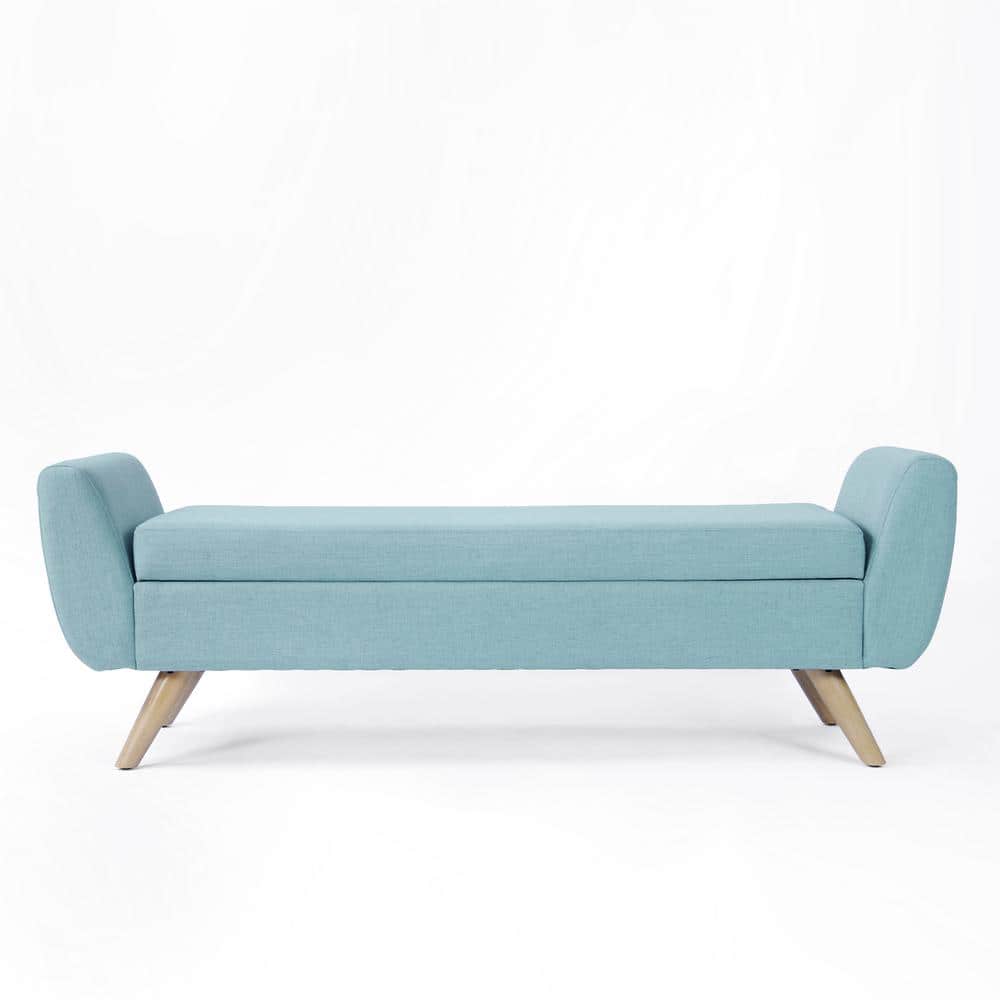 French Blue Upholstered Storage Bench with Wood Legs