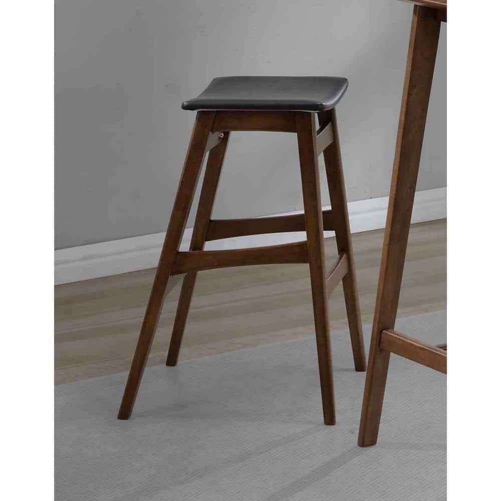 Transitional Gray Leatherette and Walnut Wood Bar Stool, 18"W