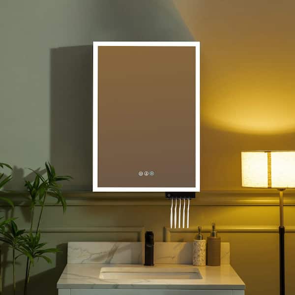 20 in. W x 28 in. H Rectangular Aluminum Surface-Mount Bathroom Medicine Cabinet with Mirror and LED Light in White