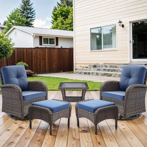 Carlos Brown 5-Piece Wicker Patio Conversation Set with CushionGuard Blue Cushions