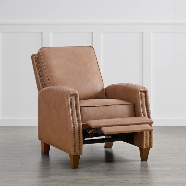 Balthazar Saddle Brown Leather Manual Push Back Recliner with Nailhead Trim and Solid Wood Legs
