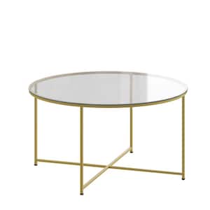 36 in. Clear/Matte Gold Medium Round Glass Coffee Table