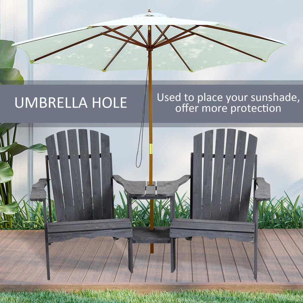 Deep Gray Wooden Adirondack Chairs with Table and Umbrella Hole