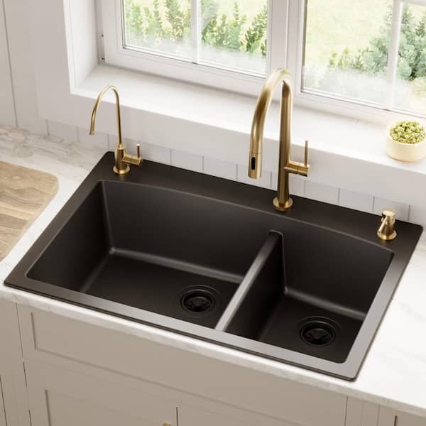 Drop-In Quartz/Granite Composite 33 in. 60/40 Double Bowl Kitchen Sink in Black