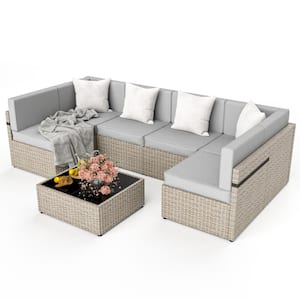 Gray 7-Piece Wicker Outdoor Sectional Set with Coffee Table and Gray Cushions