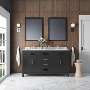 Tahoe 60 in. W x 21 in. D x 34 in. H Double Sink Vanity in Espresso with White Engineered Marble Top, Mirrors & Outlet