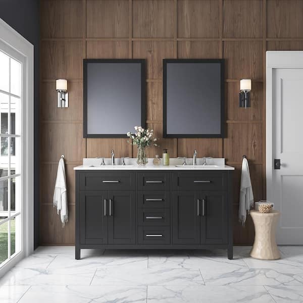OVE Decors Tahoe 60 in. W x 21 in. D x 34 in. H Double Sink Vanity in Espresso with White Engineered Marble Top, Mirrors & Outlet
