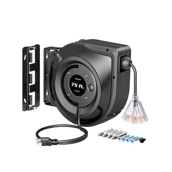75 ft. 14 / 3 SJTOW 10 Amp Retractable Extension Cord Reel with Lighted Triple Tap Outlets, Wall/Ceiling Mounted