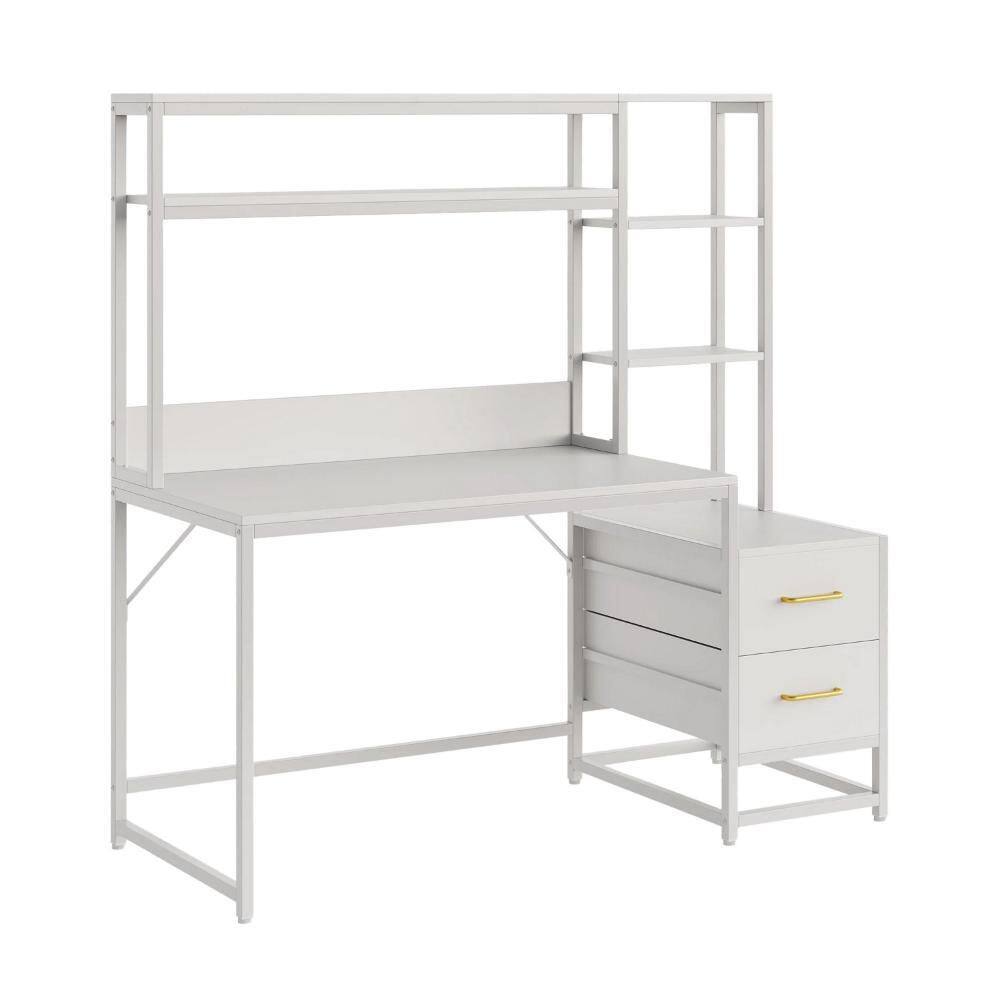 55.12 in. Rectangle White and Gold MDF and Metal 2-Drawer Computer Desk with Open Shelf Hutch and 3-Shelves