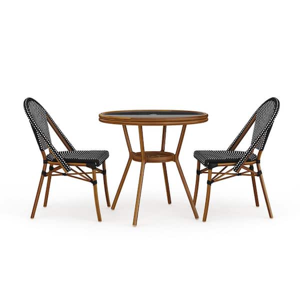 Lily Pond Black/White with Natural Woodgrain Aluminum 31.5 in. Round Outdoor Bistro Dining Table with 2 Bistro Chairs