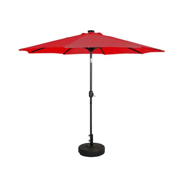 WESTIN OUTDOOR Marina Red 9 ft. Market Solar Powered LED Lighted Tilt Patio Umbrella with Bronze Round Base Included