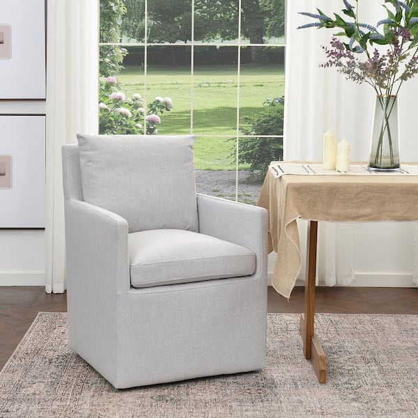 KINWELL Light Gray Performance Fabric Upholstered Down Cushion Rolling Dining Armchair