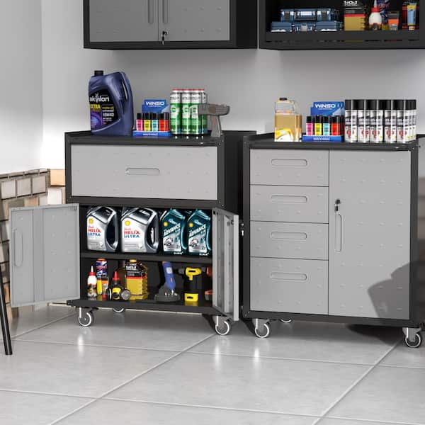 Heavy-Duty Garage Mobile Metal Tool Storage Cabinet in Black+Gray w/Drawer, Locking Doors, Adjustable Shelves, 500 lbs.