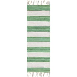 Chindi Rag Striped Green and Ivory 2 ft. 2 in. x 6 ft. 1 in. Area Rug