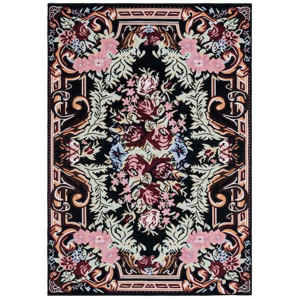 SAFAVIEH Easy Care Black/Pink Doormat 2 ft. x 3 ft. Machine Washable Border Floral Area Rug