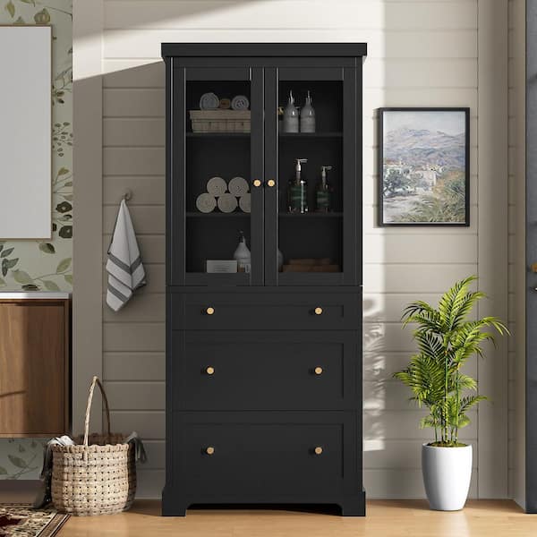 30 in. W x 16 in. D x 70 in. H Black Freestanding Linen Cabinet with 3 Drawers and Adjustable Shelves