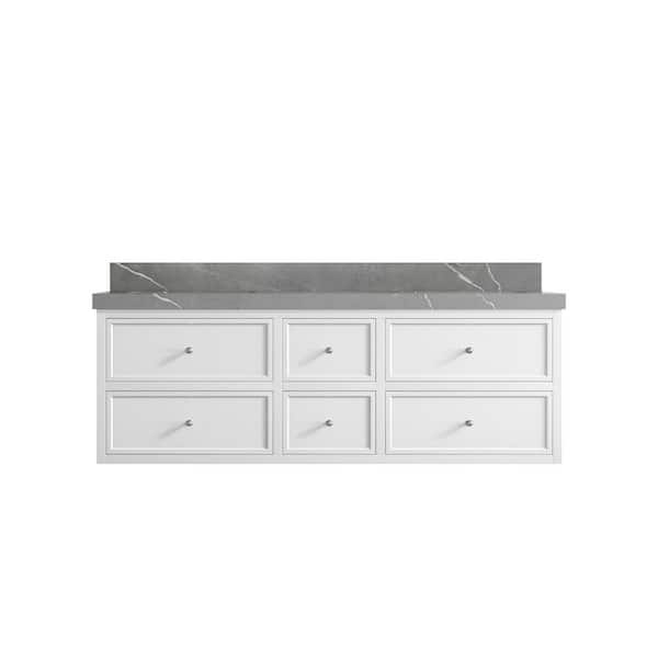 Willow Collections Roswell Floating 60 in. Double Sink Freestanding White Bath Vanity with Piatra Gray Qt. Top Unassembled