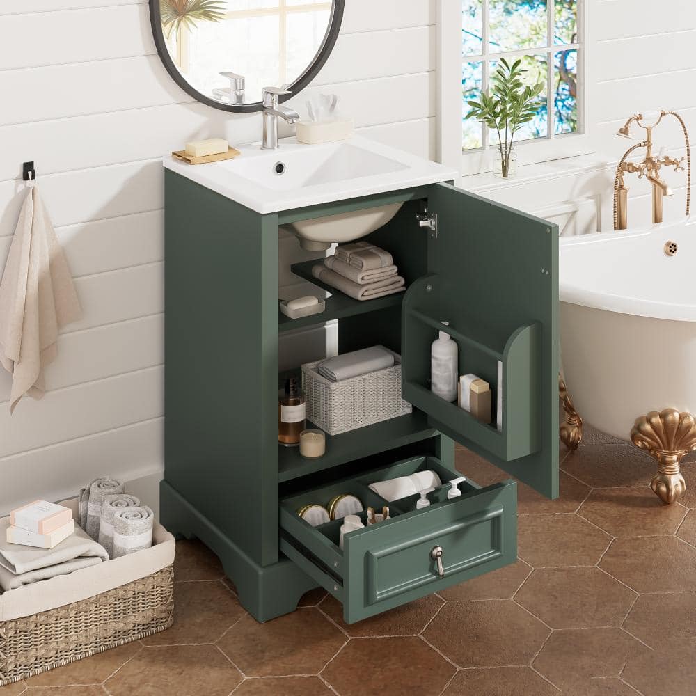 20 in. W x 18.3 in. D x 34 in. H Single Sink Green Freestanding Bath Vanity with White Ceramic Top, Storage Unassembled price history on PriceWatchPro