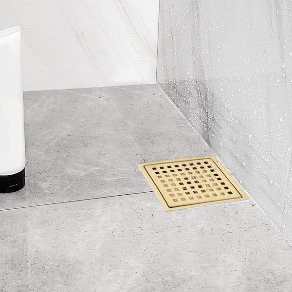 5.9 in. x 5.9 in. Stainless Steel Square Shower Drain with Strainer in Gold