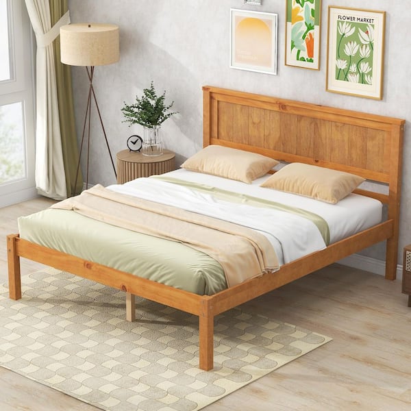 Oak Brown Wood Frame Full Platform Bed with Headboard