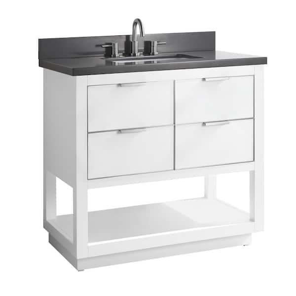 Allie 37 in. Single Sink White with Silver Trim Bath Vanity with Gray Quartz Top