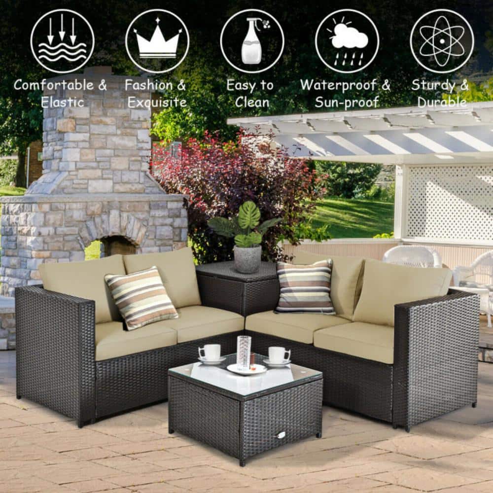 Brown 4-Piece Rattan Wicker Outdoor Patio Set with Cushions