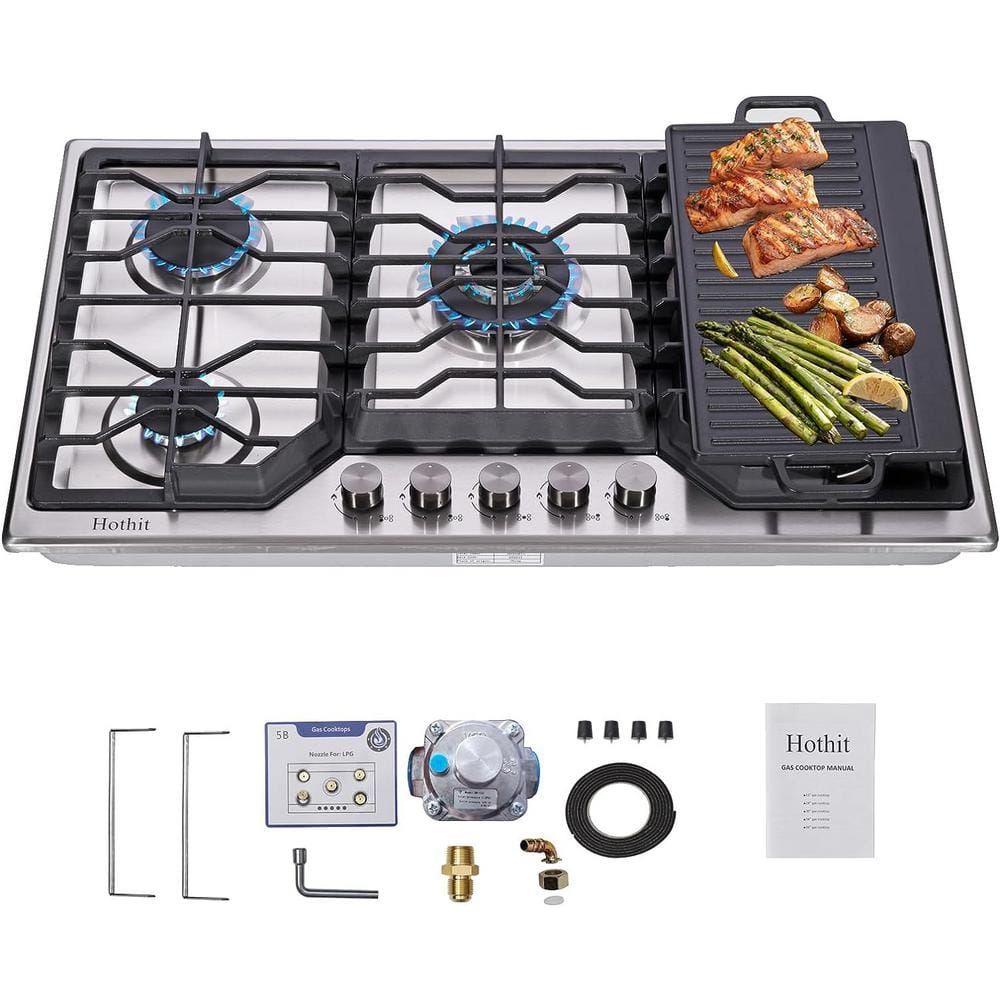 Elexnux GD 34 in. 5-Burners Recessed Gas Cooktop in Stainless Steel with 5-Power Burners and Double Sides Griddle, Stainless Steel-with Griddle
