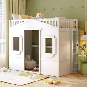 White Twin Size Wood House Loft Bed with Ladder
