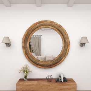 65 in. x 65 in. Round Framed Brown Wall Mirror
