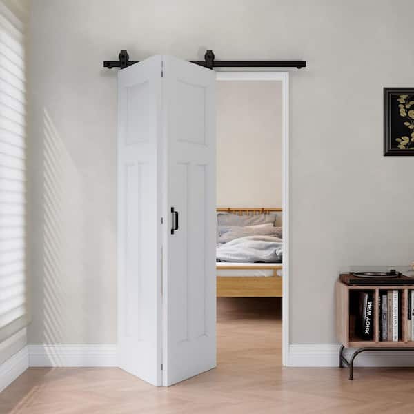 48 in. x 80 in. T-Shape 3 Panel Molded White Primed MDF Bifold Sliding Barn Door with Hardware Kit