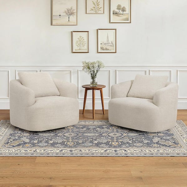 Champagne Chenille Fabric 360°Swivel Barrel Arm Chair U-shaped Swivel Accent Chair with Metal Base (Set of 2)
