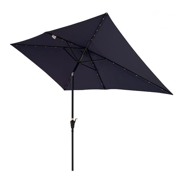 10 ft. Rectangular Patio Umbrellas, Solar LED Lighted Outdoor Umbrellas with Crank and Push Button Tilt in Navy Blue