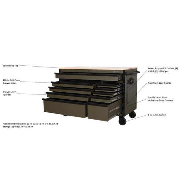 Limited Edition 52 in. x 24.5 in. D 10-Drawer Army Green Mobile Workbench with Solid Wood Top
