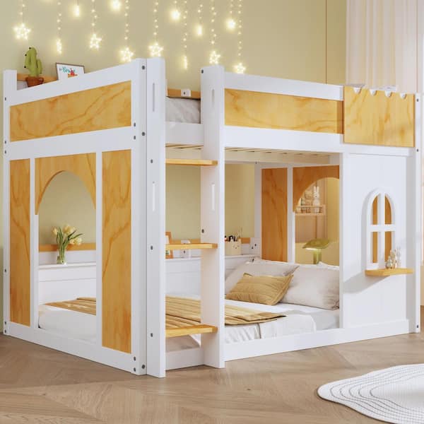 Thelma Natural+White Full Over Full Bunk Bed with Storage Shelves, Window, 2 Doors