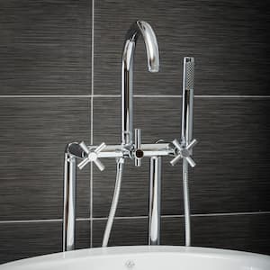Modern 3-Handle Floor Mount Freestanding Tub Faucet with Handshower and Hose, Cross Handles, in Chrome
