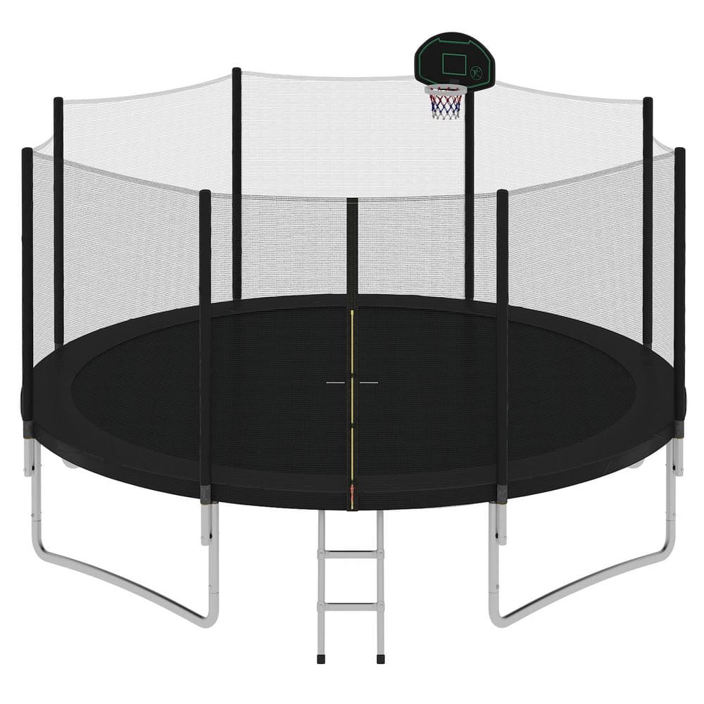 14FT Black Round Trampoline with Safety Enclosure and Basketball Hoop