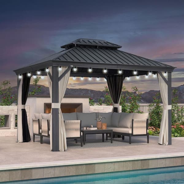 10 ft.x 12 ft. Gray Patio Outdoor Gazebo for Backyard Hardtop Aluminum Frame with Hooks,Upgraded Beige Curtain 24-Lights
