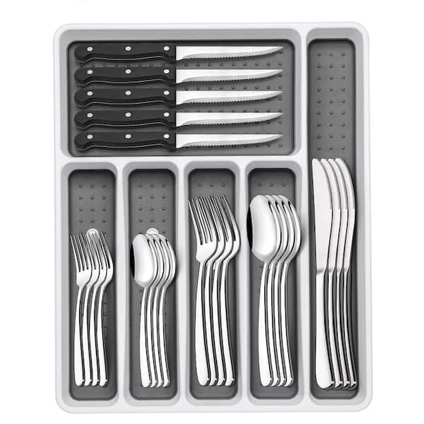 49-Piece Silver Stainless Steel Flatware Set with Organizer (Service for 8), Rust-Proof, Mirror Polish, Dishwasher Safe