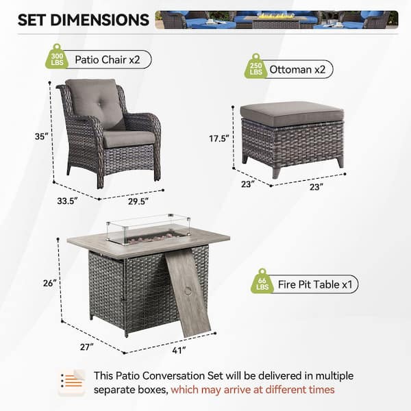 5-Piece Gray Wicker Fire Pit Conversation Set with Olefin Gray Cushions and Curved Arm Lounge Chairs and Ottoman