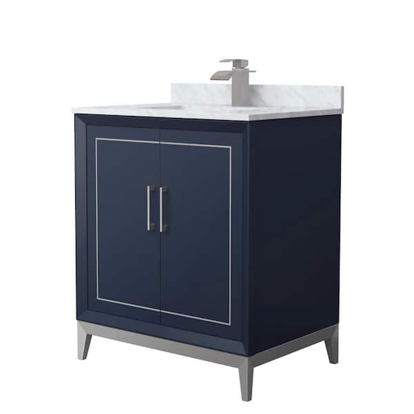 Wyndham Collection Marlena 30 in. W x 22 in. D x 35.25 in. H Single Bath Vanity in Dark Blue with White Carrara Marble Top