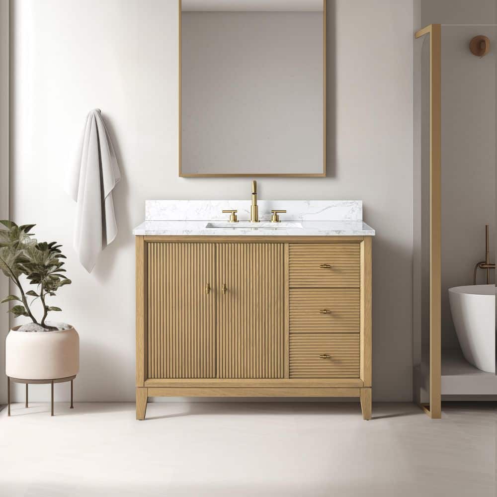 Natural Oak Single Bathroom Vanity with Golden Brushed Hardware