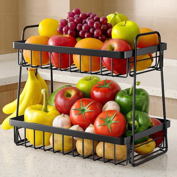 2 Piece Dual-Tier, Space-Saving Kitchen Fruit Basket Set, Removable Banana Hanger, Smooth Stainless Steel Frame, Black
