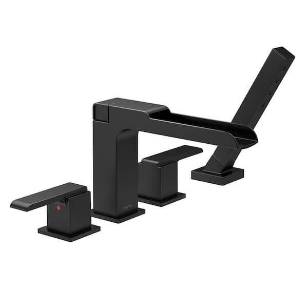 Delta Ara 2-Handle Deck-Mount Roman Tub Faucet Trim Kit in Matte Black with Channel Spout and Hand Shower (Valve Not Included)