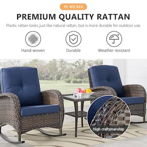 Brown 5-Piece Wicker Patio Conversation Set with Rocking Chairs, Outdoor Sofa Seating Set with Olefin Navy Blue Cushions