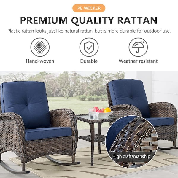 Brown 5-Piece Wicker Patio Conversation Set with Rocking Chairs, Outdoor Sofa Seating Set with Olefin Navy Blue Cushions