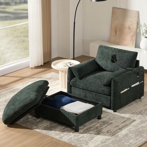 Green Chenille Arm Chair with Storage Ottoman, Adjustable Phone Holder, Dual-Port Charger and Storage Pockets